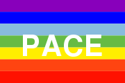Friedensfahne: PACE auf Regenbogenfarben.