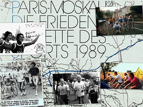 Collage von der Sportfriedenstafette Paris – Moskau 1989