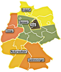 BRD-Karte mit den Demo-Orten: Brokdorf, Hannover, Asse, Gronau, Neckarwestheim und Grundremmingen.